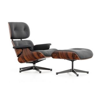 Lounge Chair & Ottoman - Cuir premium noir/ Palissandre Santos - Piètement noir (Outlet)