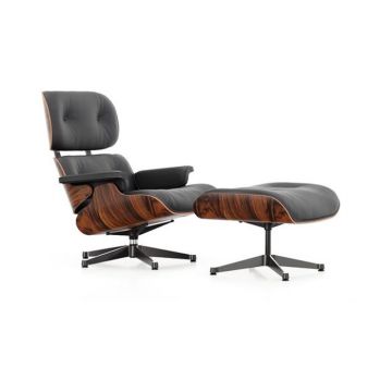 Lounge Chair & Ottoman - Cuir premium noir / Palissandre Santos / Piètement noir (Outlet)